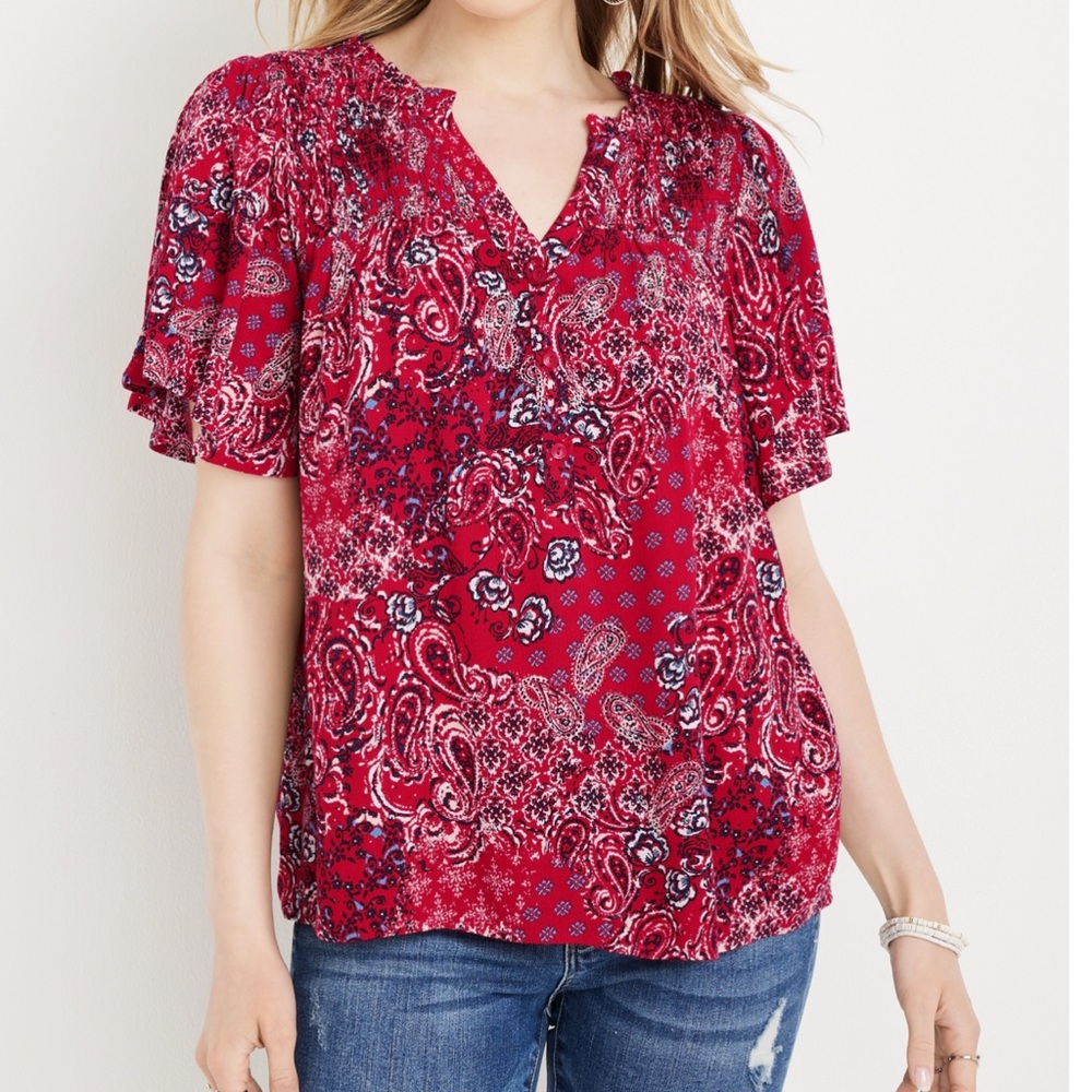 New w/tags. Maurice’s smocked flutter sleeve top. Bright cherry. Sz Large.